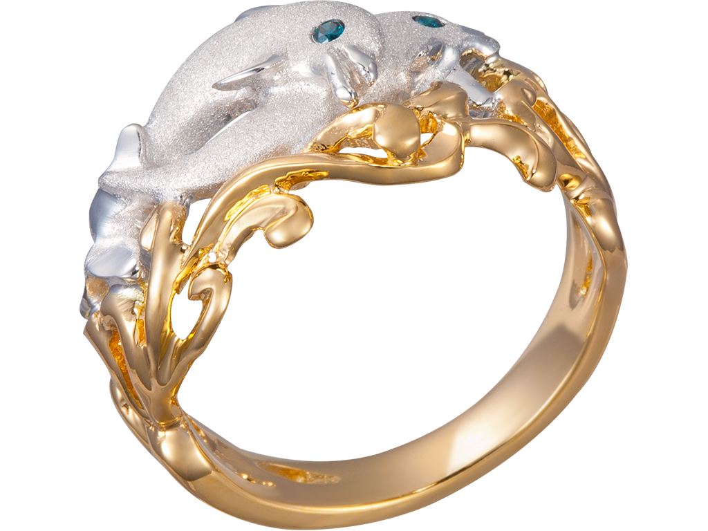 14K 2/TONE 15MM "FLIPPING  COUPLE" DOLPHIN RING 