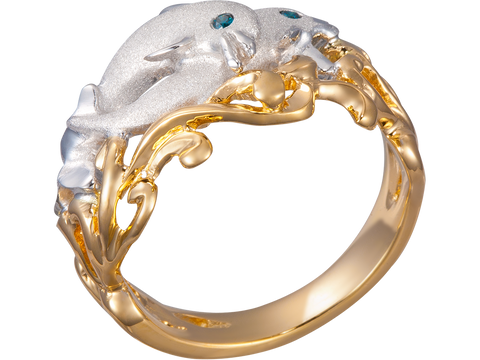 14K 2/TONE 15MM "FLIPPING  COUPLE" DOLPHIN RING 