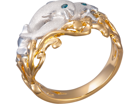 14k 2/tone 15mm "Flipping Couple" Dolphin Ring with blue diamonds