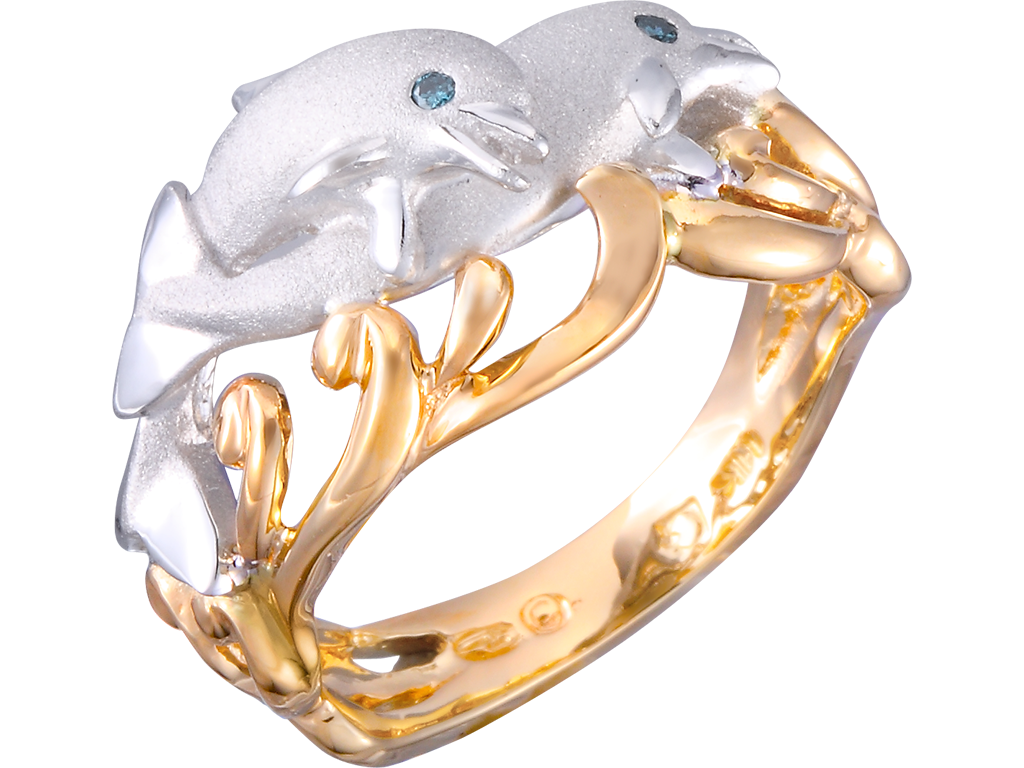 14K 2/TONE "FLIPPING COUPLE" DOLPHIN RING