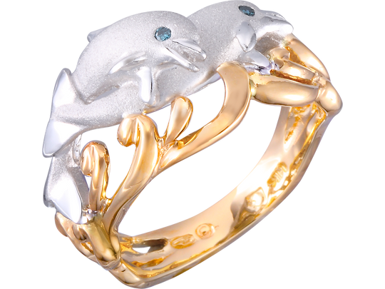 14k 20mm "Flipping Couple" Dolphin Ring with 2 blue diamonds