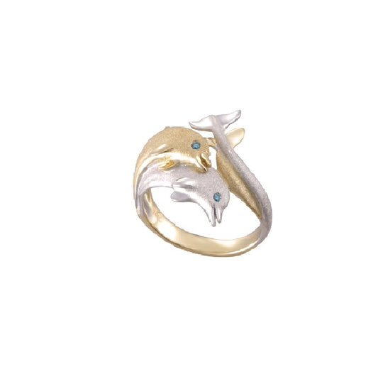 14K 2 / Tone 20 mm "Jumping couple" Ring Dolphin