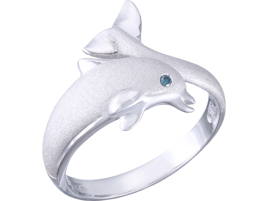 14k 10mm "Jumping Single" Dolphin Ring with blue diamond