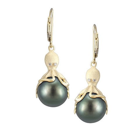 Gold Octopus Earrings With 11mm Tahitian Pearls & Diamonds