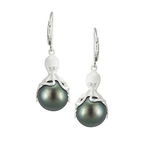 White Gold Octopus Earrings With 11mm Tahitian Pearls & Diamonds