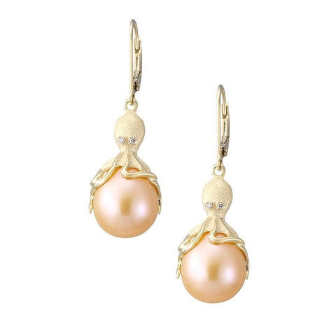 Gold Octopus Earrings With Peach Fresh Water Pearls & Diamonds