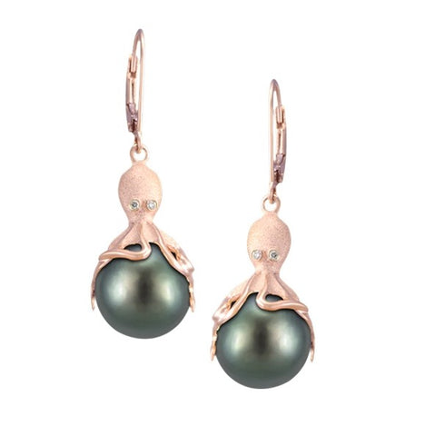 Rose Gold Octopus Earrings With 11mm Tahitian Pearls & Diamonds