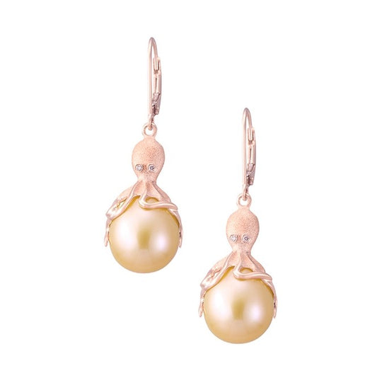 Rose Gold Octopus Earrings With Peach Fresh Water Pearls & Diamonds