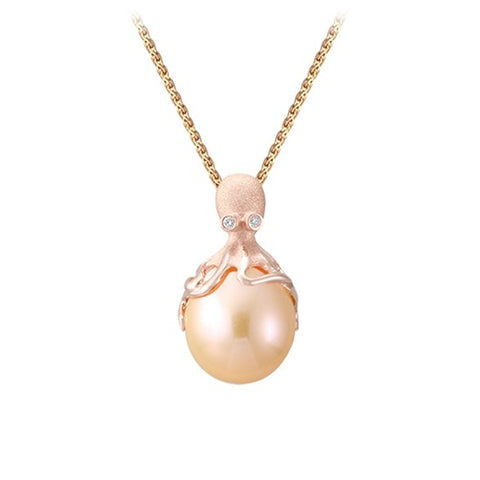 Rose Gold Octopus Pendant With 10mm Peach Freshwater Pearl & Diamonds