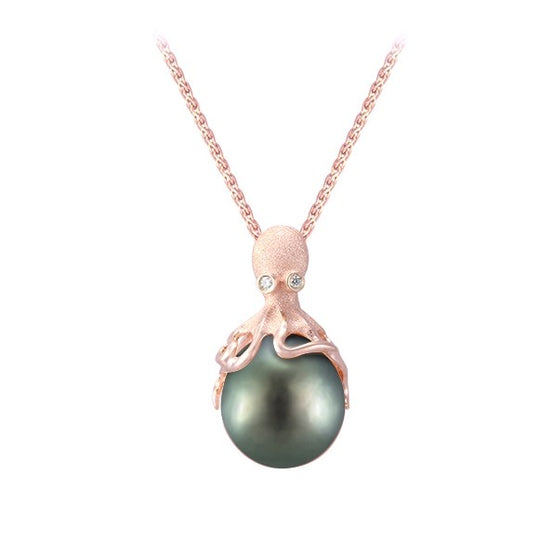 Rose Gold Octopus Pendant With 13mm Tahitian Pearl & Diamonds