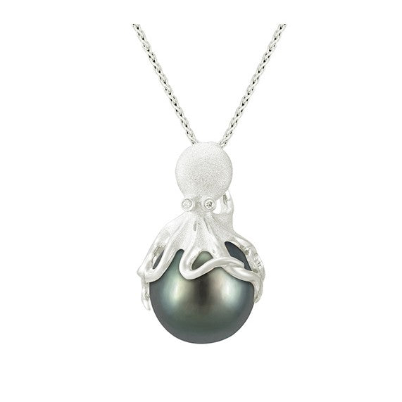 Colgante de pulpo de oro blanco con perlas y diamantes tahitianos de 13 mm