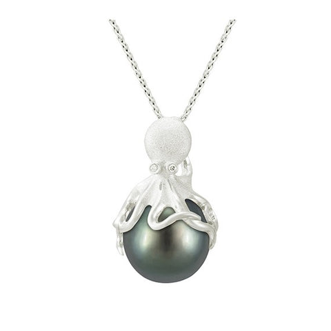 White Gold Octopus Pendant With 13mm Tahitian Pearl & Diamonds