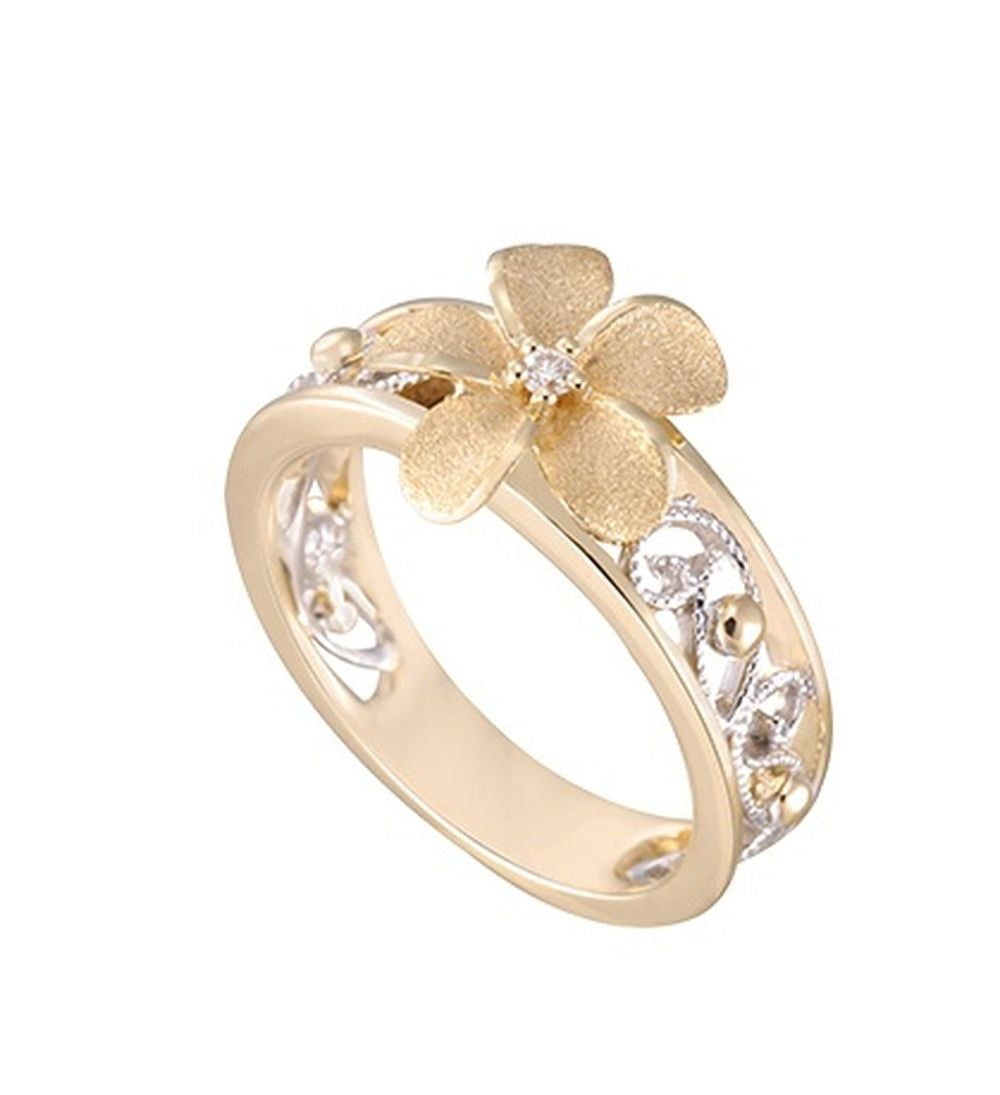 14K TWO TONE DIAMOND CHANDELIER PLUMERIA RING