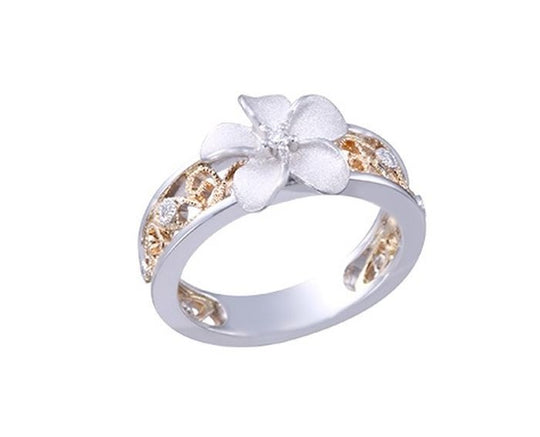 14K Zwei Tone Plumeria Ohrringe mit 6 Diamanten