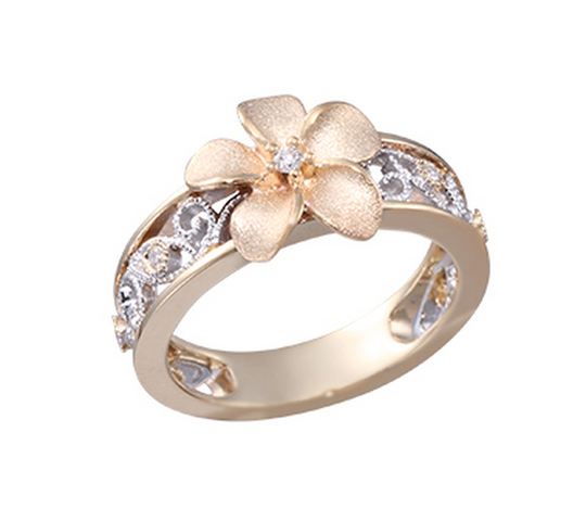 14K Zwei Tone Plumeria Ohrringe mit 6 Diamanten