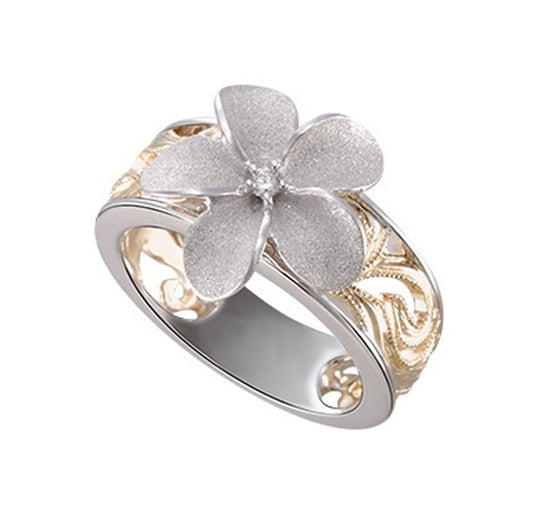 14K Zwei Tone Plumeria Ohrringe mit 6 Diamanten