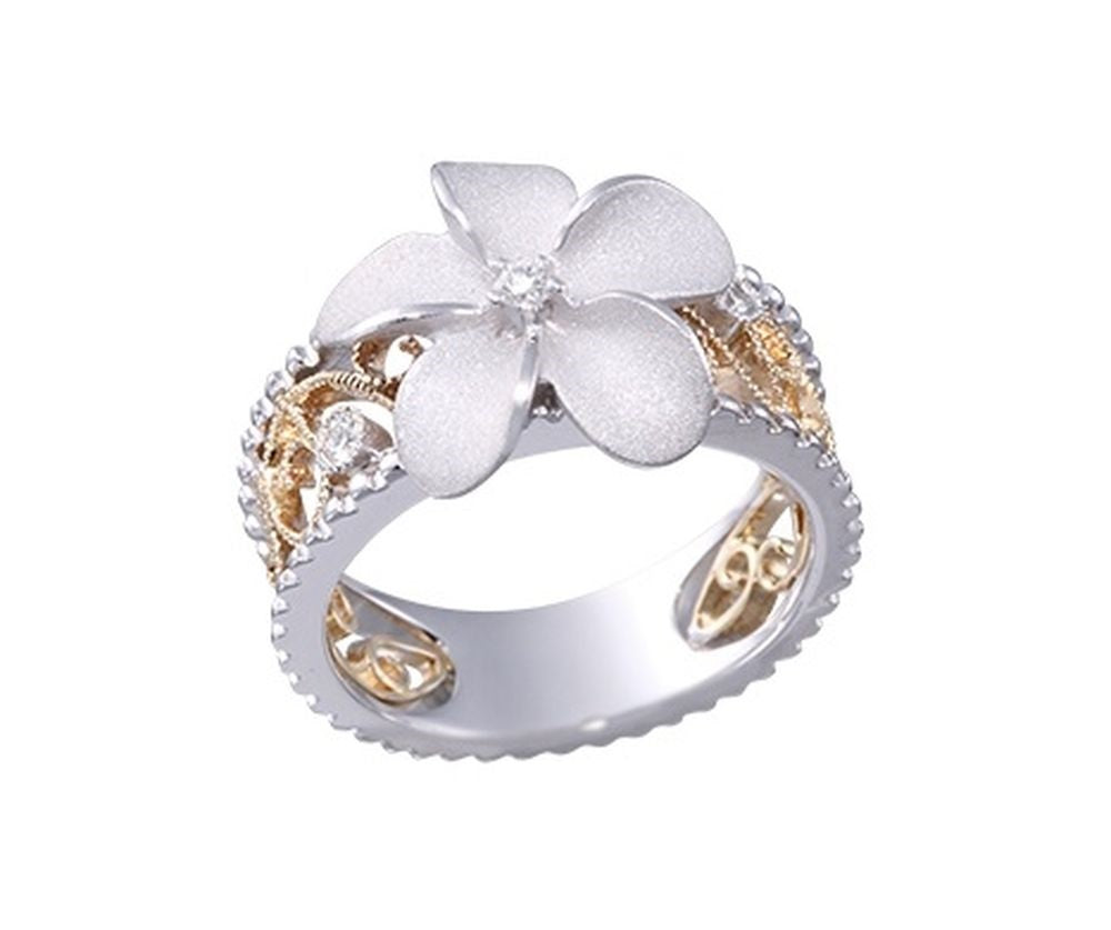 14K TWO TONE DIAMOND CHANDELIER PLUMERIA RING