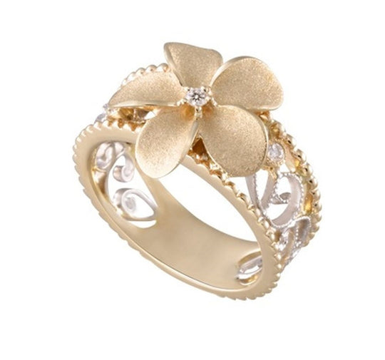 14K Zwei Tone Plumeria Ohrringe mit 6 Diamanten