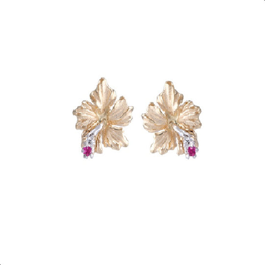 14k Hibiscus Earrings with 2 Rubies & 2 Diamonds