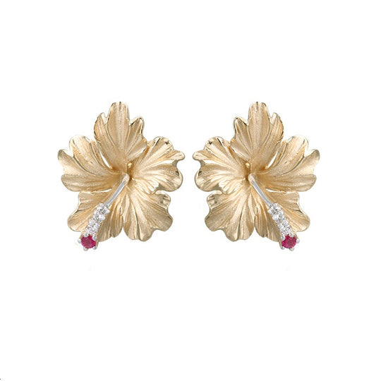 20mm 14k Hibiscus Earring with 6 diamonds and 2 rubies