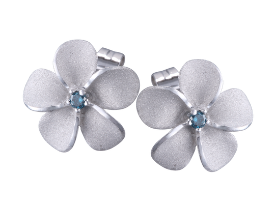 Pendientes de plumeria de 14kW/g 11 mm con 2 diamantes azules