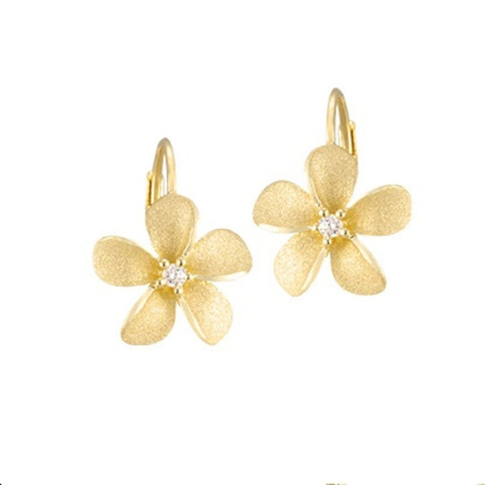 Palancas de pendientes de plumeria de 14k 11 mm con 2 diamantes