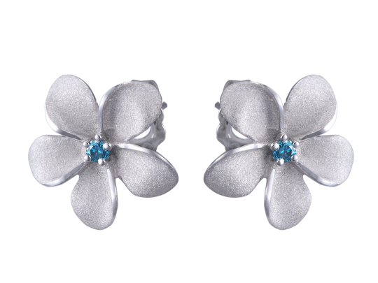 14k White Gold 13mm Plumeria Earring with Blue Diamond