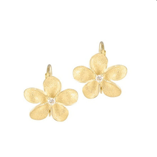 Pendientes de plumeria de 14k 13 mm con 2 diamantes
