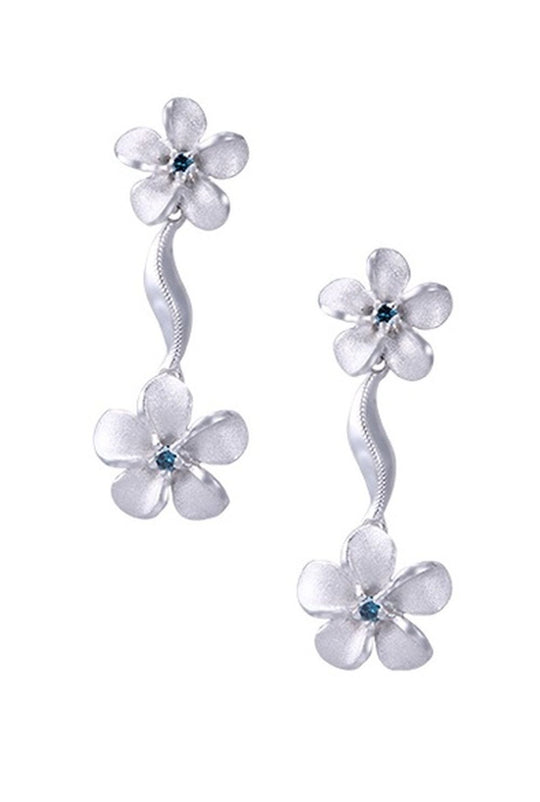 Pendientes de 14k Plumeria lei con 4 diamantes azules