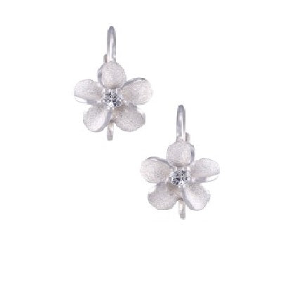 Precious Silver 8mm Plumeria Earrings with 2 White Sapphire