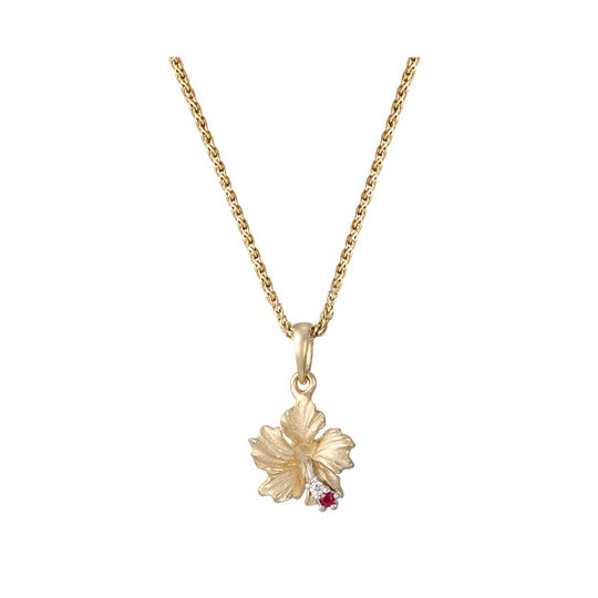 14k Hibiscus Pendant with .03ct Ruby and 01ct Diamond