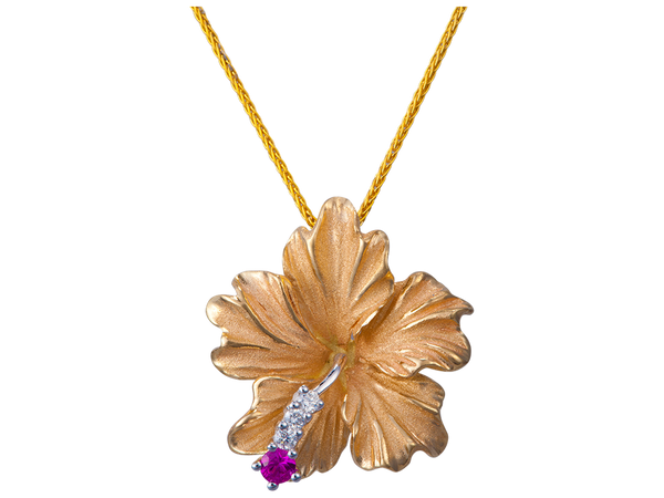 14k Hibiscus Pendant with 3 diamonds and ruby