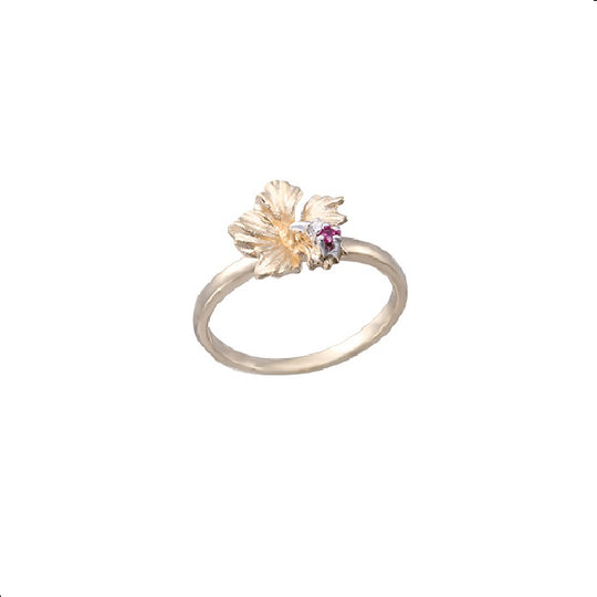 14K Hibiscus Ring with 0.015ct ruby and 0.02ct diamond
