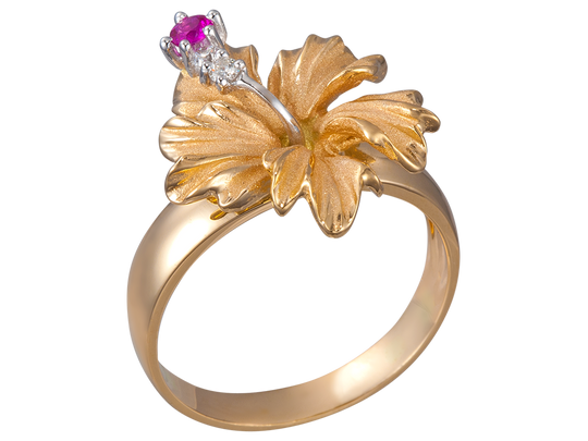 15mm 14k Hibiscus Ring with 2 diamonds and ruby