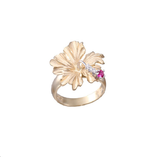 Bague d'hibiscus de 14k 20 mm avec 3 diamants et rubis