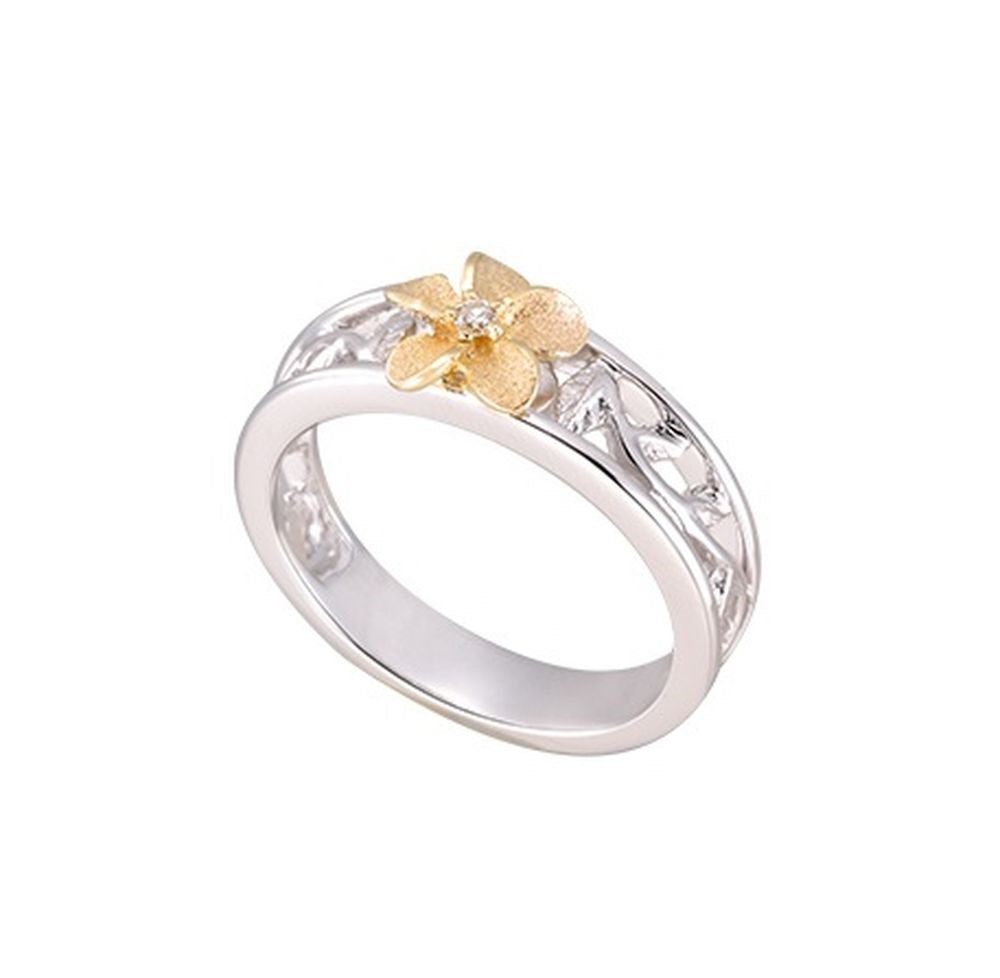 14K TWO TONE DIAMOND PLUMERIA RING