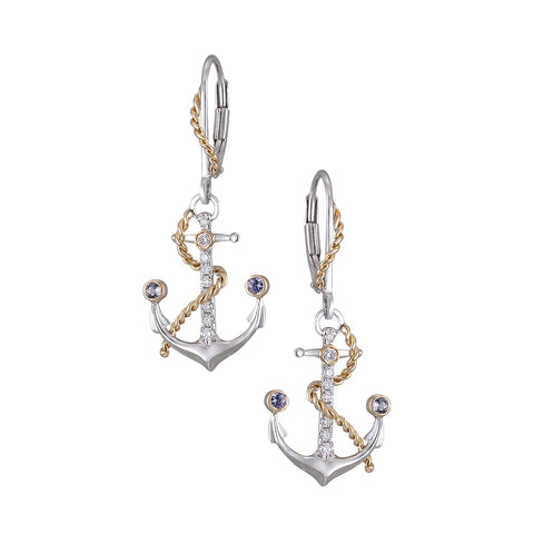 14k 2/tone "ANCHOR" Dangle Leverback Earrings With 18 Diamonds and 4 Tanzanites