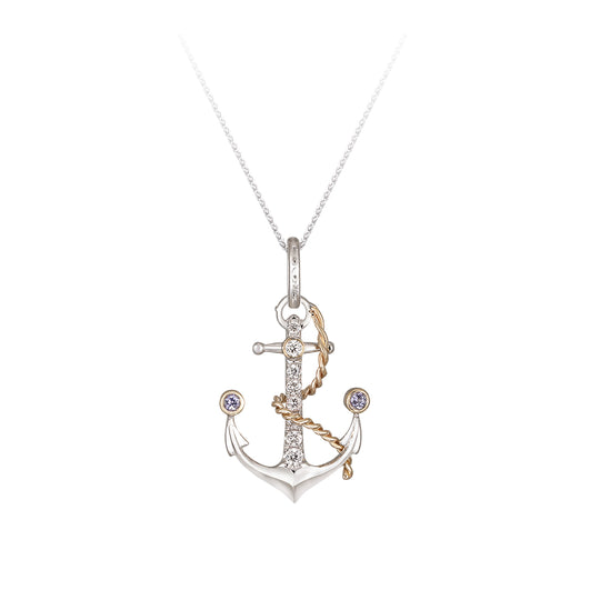 14k 2/tone 20mm "ANCHOR" Pendant With 2 Tanzanite and 8 Diamonds