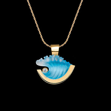 14K Small Yellow Gold Wave Pendant with Diamond