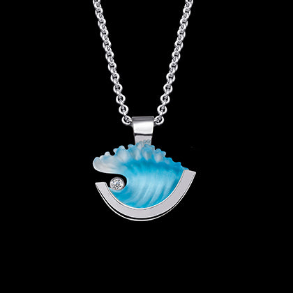 14K Small White Gold Wave Pendant with Diamond