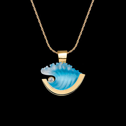 14K Small Yellow Gold Wave Pendant with Diamond