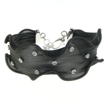 Sterling Silver Black Mesh Bezel-Set Cubic Zirconia Wave Bangle