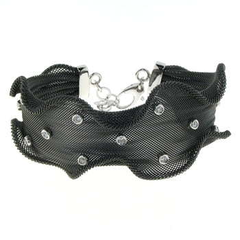 Silver Sterling Black Mesh Bisel Set Cubic Zirconia Wave Bangle