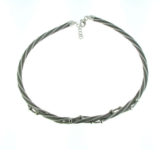 Collar de bolas de alto polaco de malla gris de plata esterlina