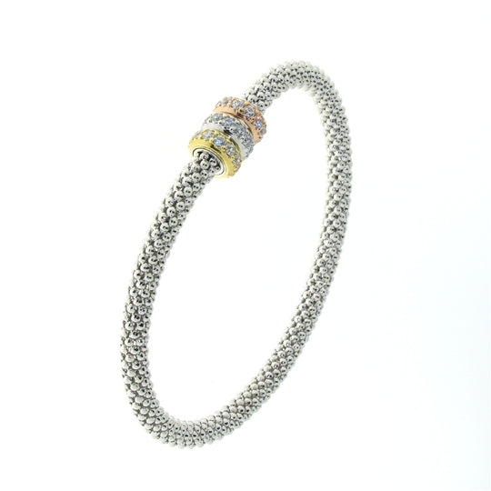 Plateado de plata esterlina tricolor (rosa, blanco y amarillo) Zirconia cúbica brazalete flexible