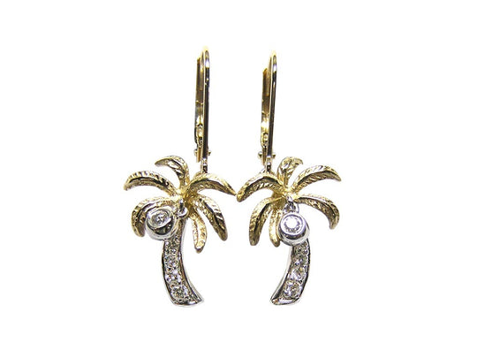 14k 2/tone 15mm Palm Tree Earring with 12 Diamonds