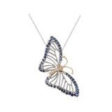 Pendant 14K 2 / Tone Single Butterfly (Morpho bleu) avec 48 saphirs bleus
