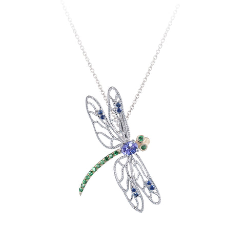 14k 2/tone Dragonfly Pendant with Blue Sapphires, Tsavorites and Tanzanite
