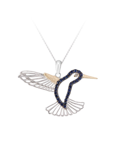 14k 2/tone Hummingbird Pendant with Diamond and 27 Blue Sapphires