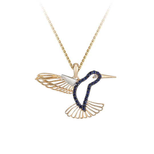 14k 2/tone Hummingbird Pendant with Diamond and 27 Blue Sapphires with Black Rhodium